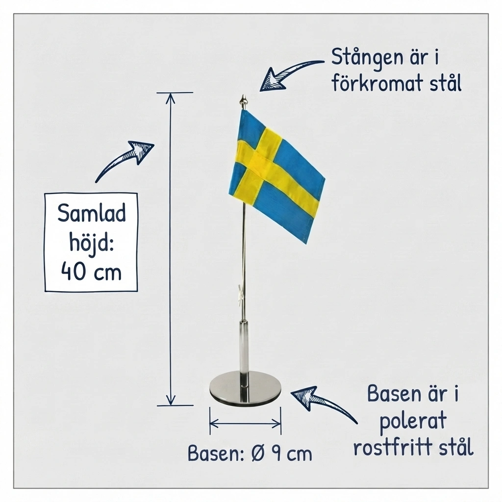 Måttskiss av bordsflaggan: total höjd 40 cm, sockel Ø 9 cm i rostfritt stål och stång i förkromat stål