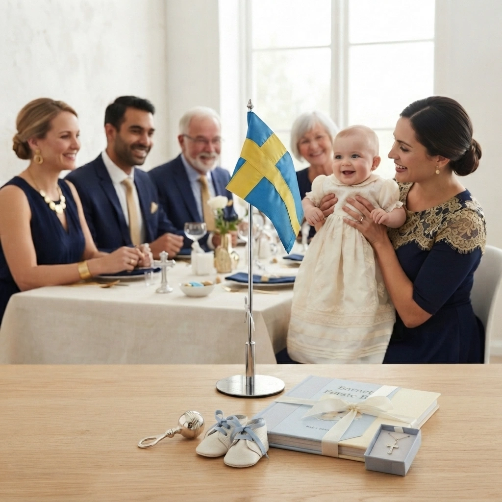 Familj firar dop vid dukat bord med personlig bordsflagga från Memozz