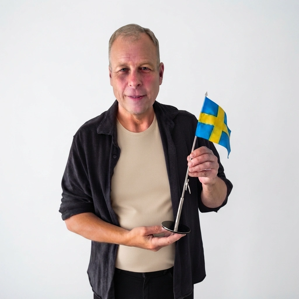 Jens Peter Jensen håller en personlig bordsflagga i rostfritt stål