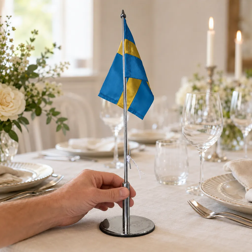 Personlig bordsflagga med namn och symbol graverad på sockeln