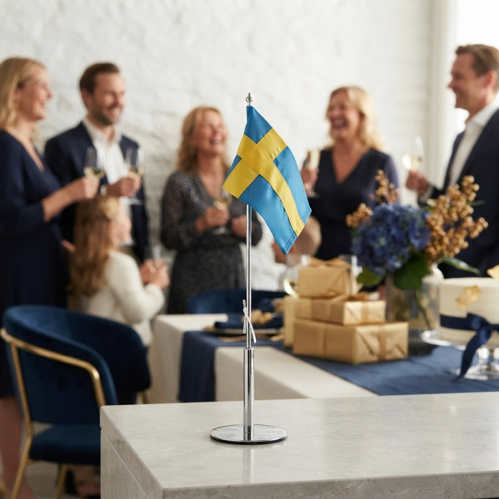 Bordsflagga i rostfritt stål på ett festdukat bord med gäster i bakgrunden