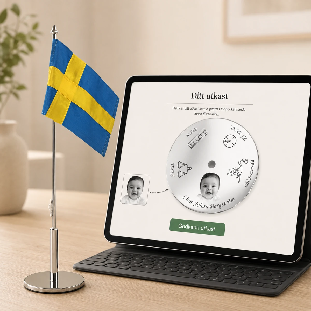 Digitalt utkast på gravyren som skickas för godkännande