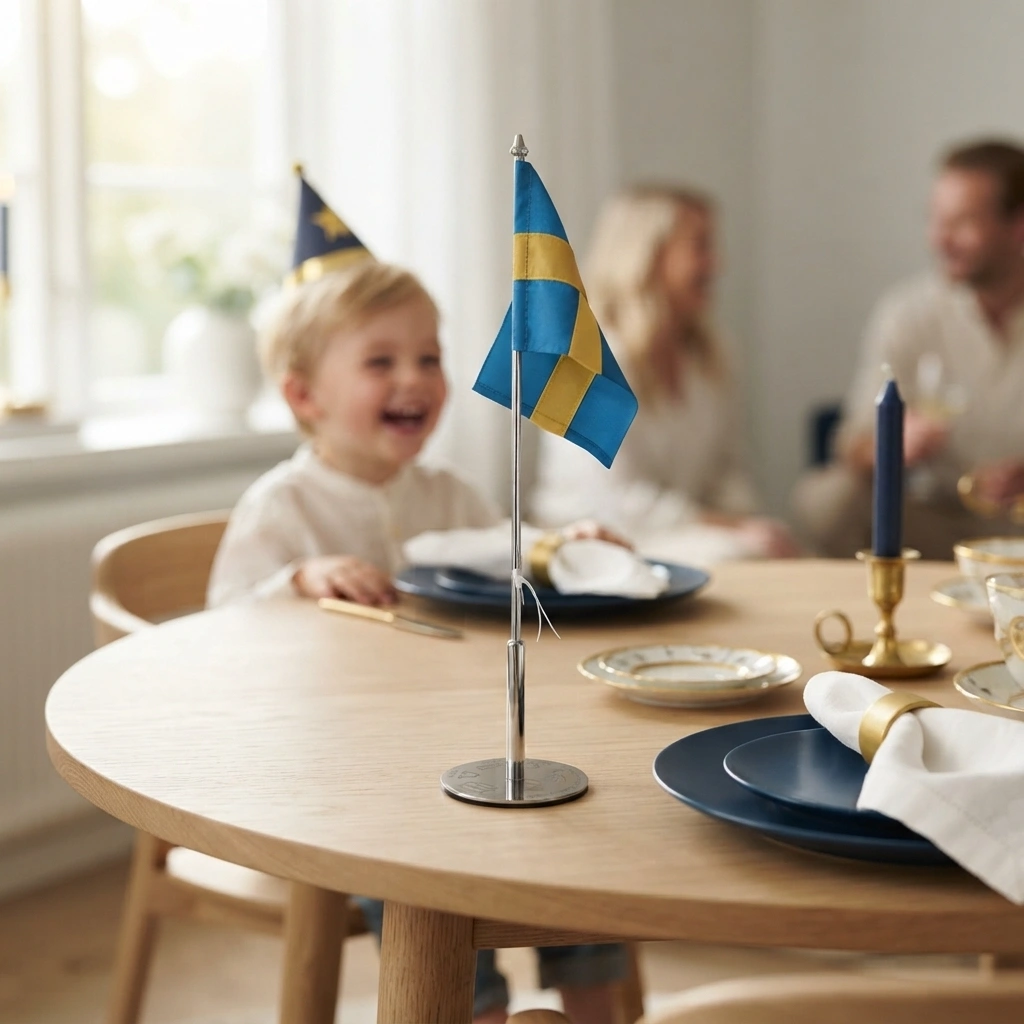 Födelsedagsfirande vid dukat bord med personlig bordsflagga från Memozz