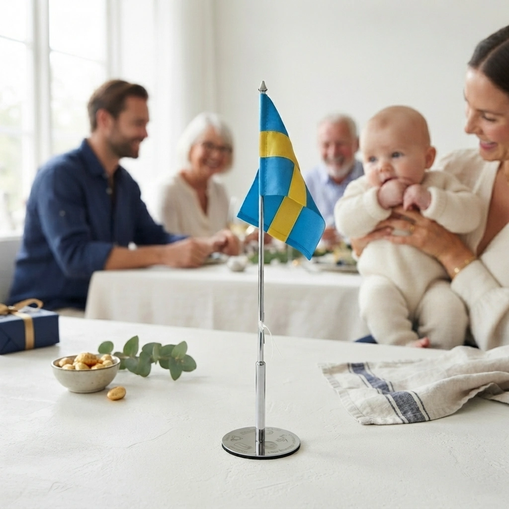 Familj firar namngivning med personlig bordsflagga från Memozz på bordet